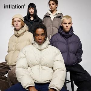 INFLATION 남녀공용 경량 퍼프 다운 재킷, 클래식 단색 후드, 루즈핏 남성 코트, 겨울 90% 다운