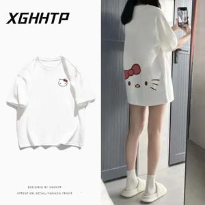 애니메이션 헬로 키티 코튼 반팔 산리오 만화 티셔츠, 루즈 캐주얼 티셔츠, 여아 학생 프린팅, 귀여운 라운드넥 상의, 여름