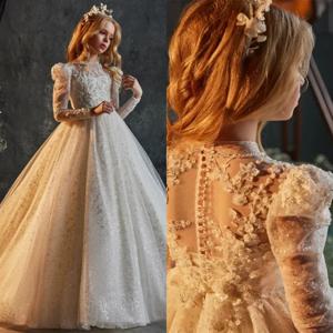 럭셔리 화이트 스팽글 인쇄 꽃 소녀 드레스 웨딩 파티 나비 세례 가운 Tulle High Neck Kids Birthday Dresses
