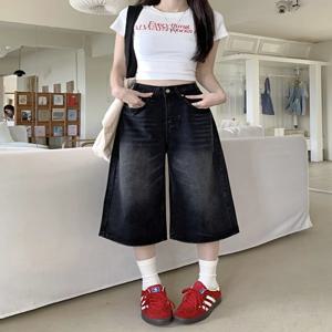 아메리칸 스타일 루즈핏 스트레이트 레그 청반바지 여성 여름 핫걸 플러스 사이즈 와이드 레그 팬츠 하이웨이스트 딥 블루