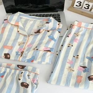 여름 구름 면화 잠옷 세트 여성 짧은 소매 긴 바지 홈 의류 만화 인쇄 편안한 통기성 잠옷