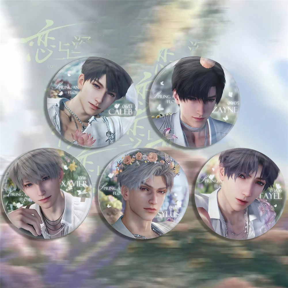 58mm 게임 사랑과 Deepspace Zayne Rafayel Caleb Sylus Xavier 코스프레 의상 배지 핀 SPTE Tinplate 브로치 할로윈 소품 선물