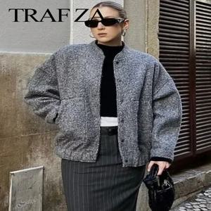 TRAFZA 여성 우아한 솔리드 코트 버튼 긴 소매 포켓 폭격기 재킷 가을 겨울 여성 캐주얼 루즈 streetwear 코트