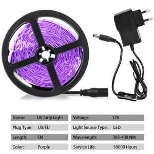 UV DC 12V 5M LED 라이트 스트립 자외선 385-400nm 블랙 라이트 2835 SMD UV 램프 글로우 형광 파티 용 유연한 LED 리본