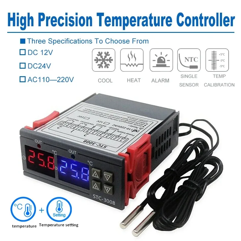듀얼 디지털 온도 컨트롤러 온도 조절기 온도 조절기 인큐베이터 릴레이 LED 12V24V 220V 히터 쿨러 듀얼 프로브 STC-3008