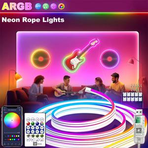 USB 전원 게임 백라이트 조명 스트립 RGBIC LED 네온 불빛 5v 유연한 리본 테이프 네온 불빛 블루투스 음악 동기화