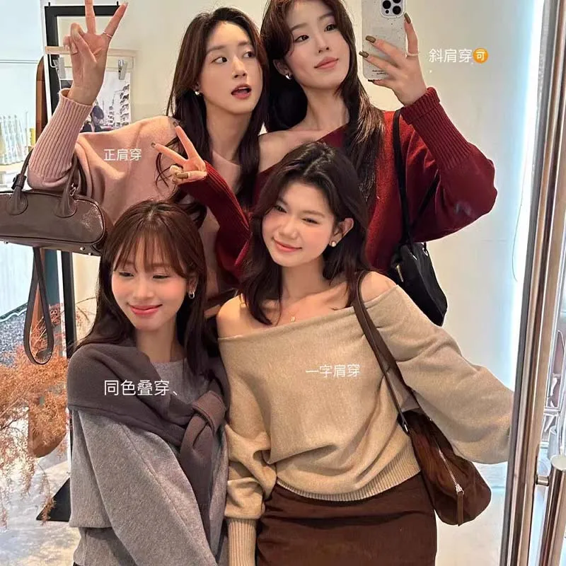 여성용 우아한 패션 슬래시 넥 랜턴 슬리브 스웨터, 섹시한 올 매치 솔리드 니트 풀오버, 레이디 상의, 가을 겨울