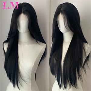 LM 롱 스트레이트 블랙 레이스 프론트 가발 자연 블랙 Pre 뽑은 합성 레이스 프론트 가발 여성용 Glueless 내열성 섬유