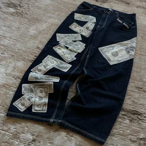 하라주쿠 머니 프린트 streetwear 청바지 하이 웨스트 와이드 바지 블랙 바지 streetwear 남성 힙합 여성 자수 y2k 헐렁한 청바지