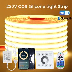 220V 디밍이 가능한 COB LED 스트립 라이트 WIFI 블루투스 벽 터치 23key 원격 제어 전원 키트 288LED/M 방수 유연한 램프