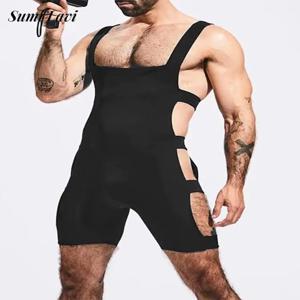 여름 Nightwear Mens Bodycon 바디 슈트 섹시 슬림 스트레치 중공 Playsuits 남성 파티 패션 민소매 솔리드 컬러 점프 슈트