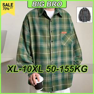 XL-10XL 남성 플러스 사이즈 셔츠 캐주얼 루즈 칼라 긴팔 셔츠 체크 무늬 포켓 스프링 가을 남성 의류 155KG
