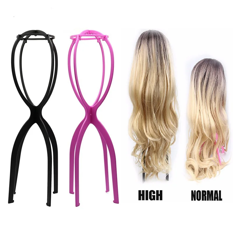 높은 가발 스탠드 플라스틱 가발 홀더, 50cm, 블랙/핑크 색상, 휴대용 접이식 스타일링 디스플레이, 여성용 긴 가발