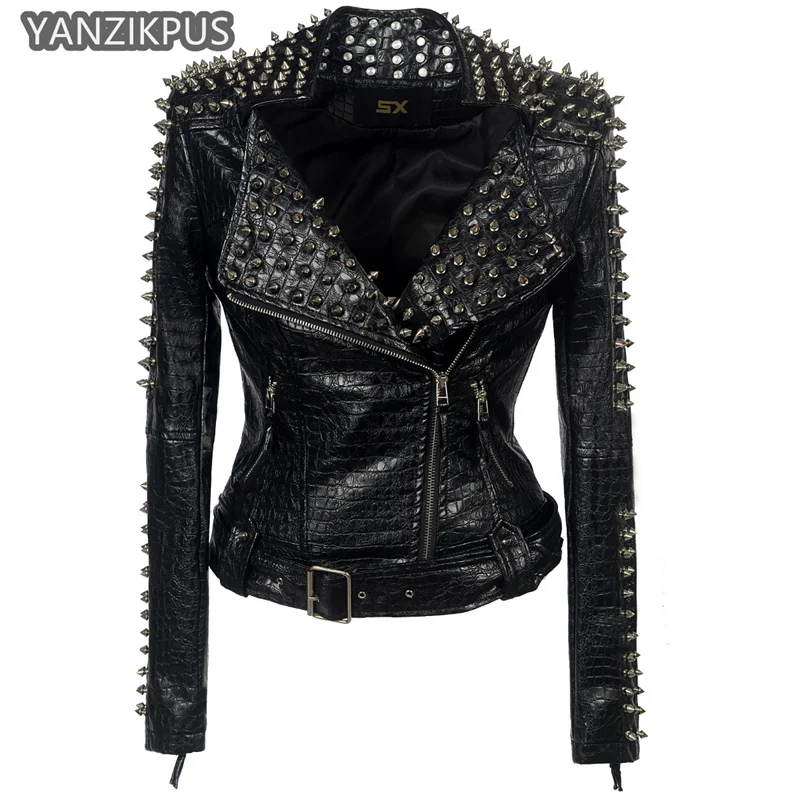 2025 Steampunk Rock 리벳 여성용 가죽 자켓 슬림 짧은 streetwear 고딕 자수 PU 가죽 기관차 코트 Femme