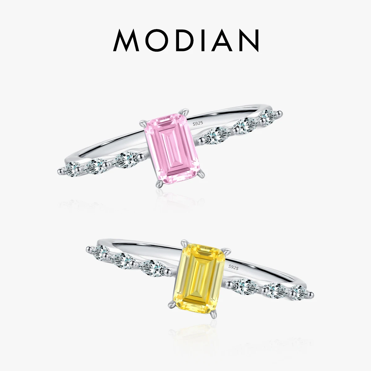 MODIAN 리얼 925 스털링 실버 절묘한 스파클링 에메랄드 컷 핑크 옐로우 지르코니아 반지 여성을위한 웨딩 럭셔리 파인 쥬얼리