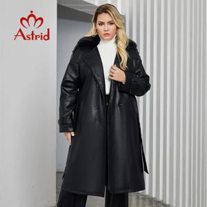 Astrid 여성용 인조 가죽 트렌치 코트, 모피 칼라, 라펠 벨트, 더블 브레스트, 느슨한 방수 재킷, 패션 PU 코트, 플러스 사이즈