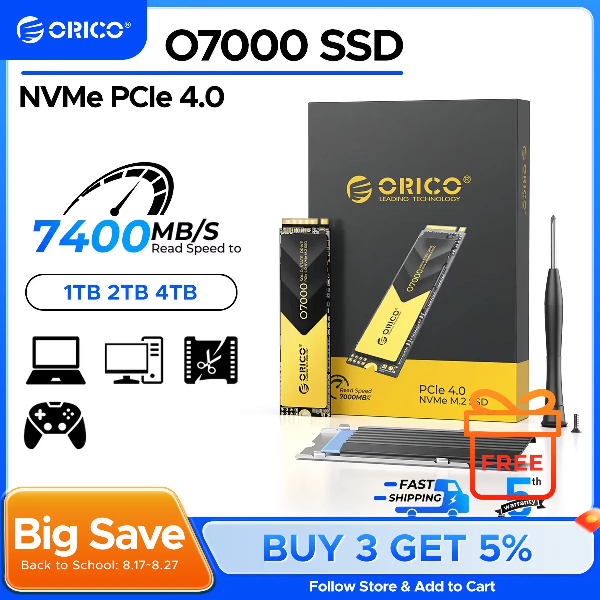 ORICO PCIe4.0 M.2 NVMe SSD PS5 게임용 7400MB/S 콘텐츠 제작자용 내부 솔리드 스테이트 드라이브 M 키 2280 SSD 1TB/2TB/4TB O7000