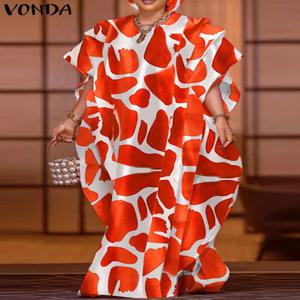 플러스 사이즈 VONDA 보헤미안 여름 여성 프릴 맥시 드레스 프린트 긴 Sundress 캐주얼 반소매 느슨한 오버 사이즈 파티 베스 티드