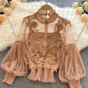 레이스 퍼프 긴 소매 블라우스 빈티지 패션 블라우스 우아한 Femme Blusas 한국 여성 탑 여성 셔츠 의류 Dropshipping