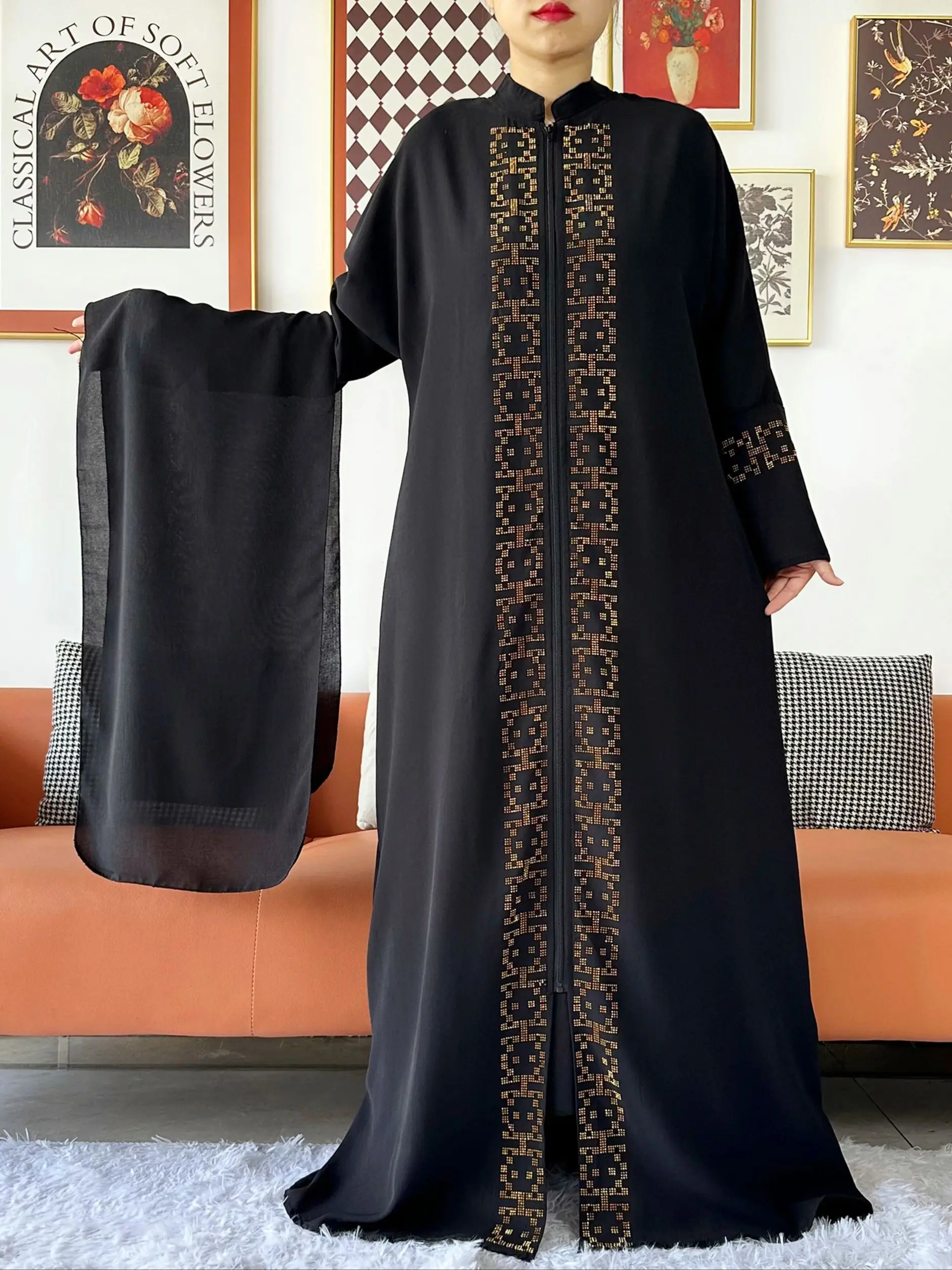 2024 이슬람 라마단 Tranditional 터틀넥 긴 소매 드레스 여성 카디건 오픈 Abaya 두바이 Caftan 이슬람 기모노 옷