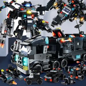 585pcs 8in1 SWAT 경찰서 명령 트럭 모델 빌딩 블록 도시 헬리콥터 벽돌 키트 어린이를위한 교육 장난감