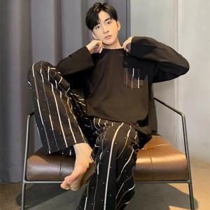남성 잠옷 세트 긴 소매 검은 줄무늬 봄과 여름 청소년 학생 잠옷 Loungewear 두 조각 세트 잠옷 Homewear