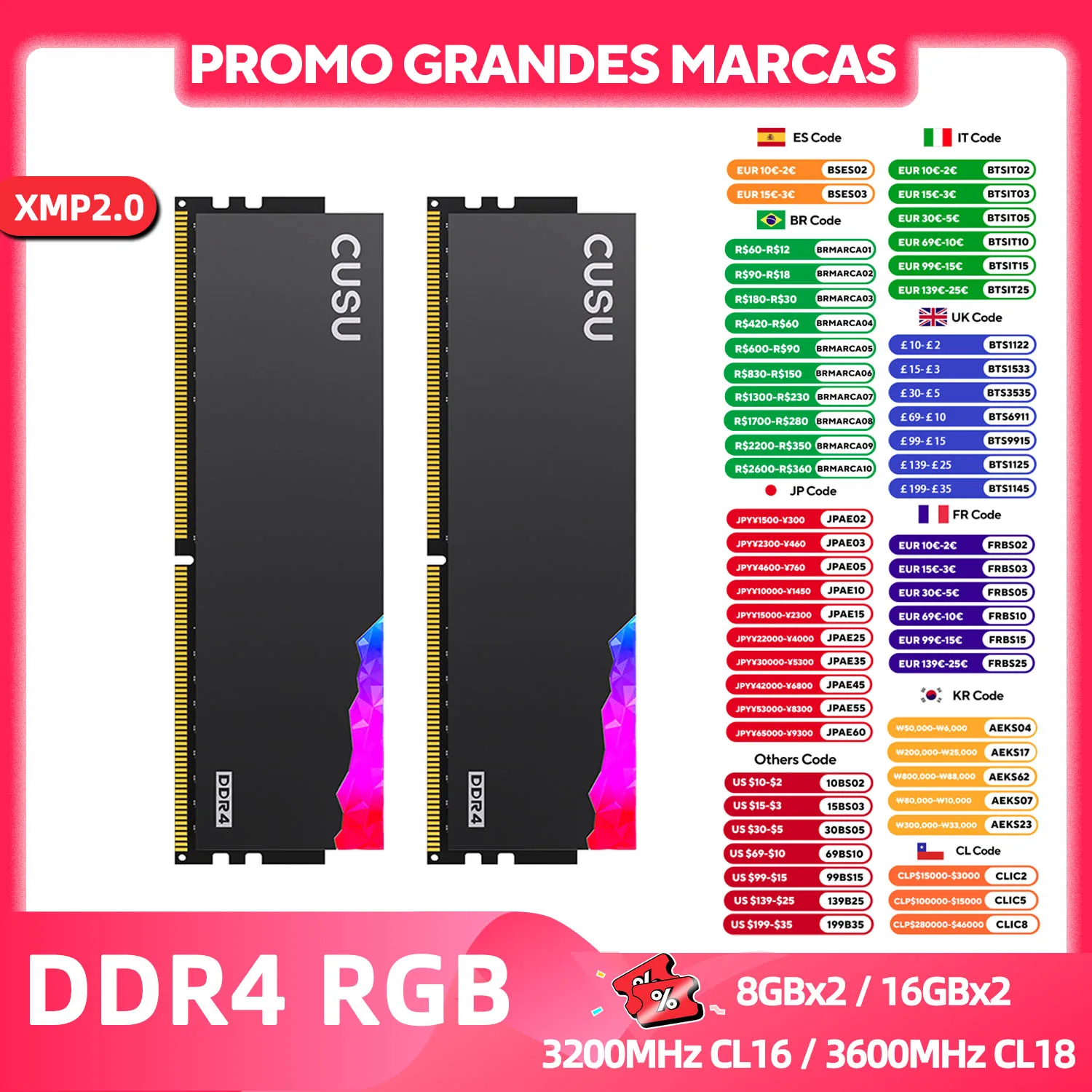 CUSU Memoria Ram DDR4 16gb 3200gb 3600mhz Rgb DDR4 8gb 288pin UDIMM Ram 메모리 diy 게임용 컴퓨터 용 듀얼 채널