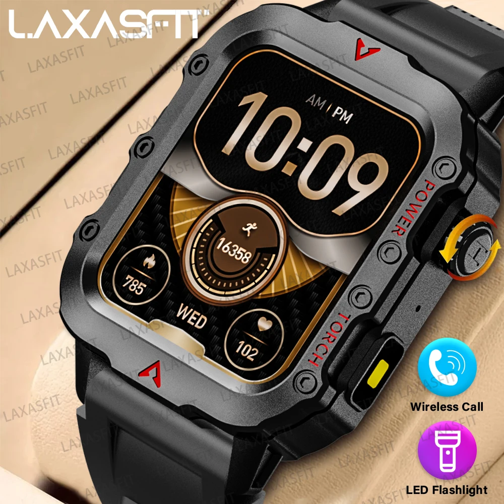 LAXASFIT 남성용 야외 군사 스마트 워치 블루투스 토크, 스포츠 심박수 모니터 스마트 워치, 안드로이드 IOS, 2024