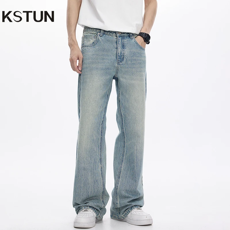 KSTUN 2025 남성용 봄 청바지 플레어 바지 부츠컷 청바지 루즈 피트 라이트 블루 streetwear 남성용 바지 남성 의류 품질