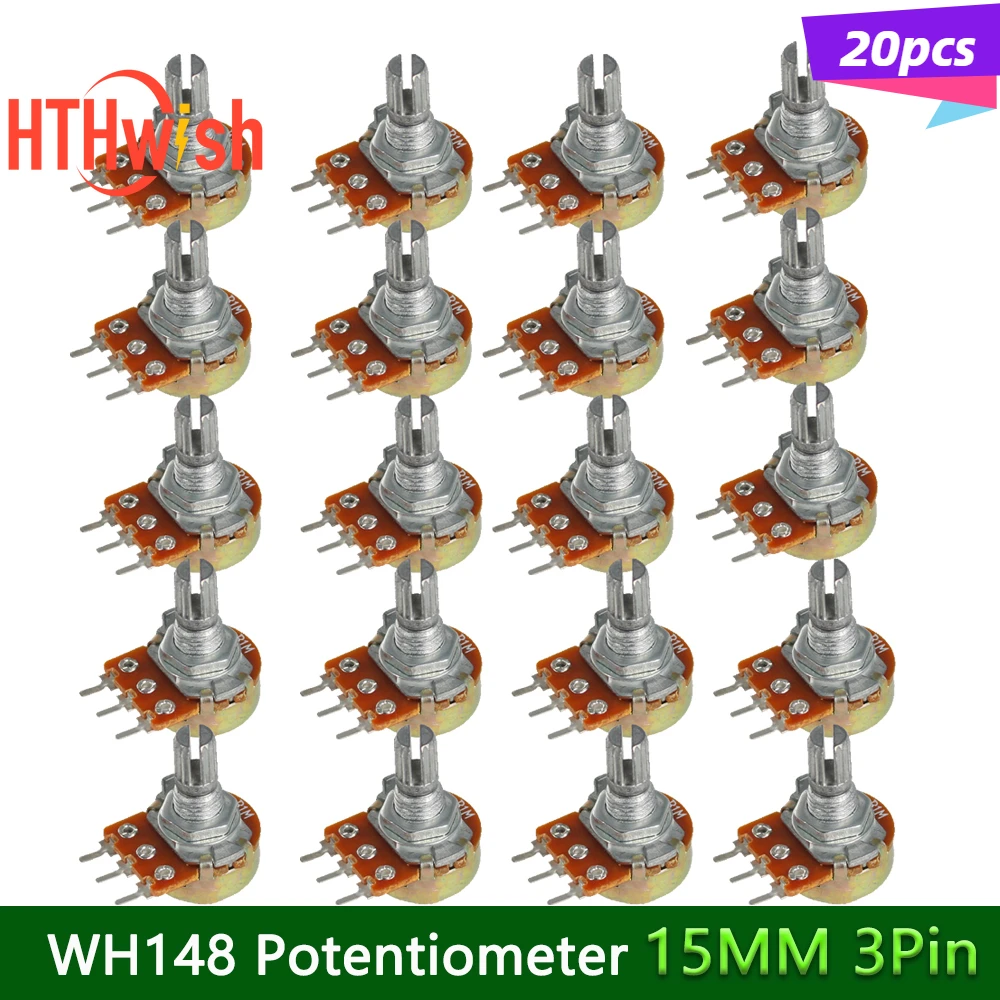 20PCS 15mm 3pin WH148 선형 전위차계(너트 및 와셔 포함) 저항 1K 2K 5K 10K 20K 50K 100K 250K 1M 전위차계 키트