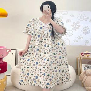 여름 플러스 사이즈 비만 수면 드레스 여성 루즈핏 얇은 캐주얼 면 홈웨어 긴팔/반팔 플로럴 프린트 V넥