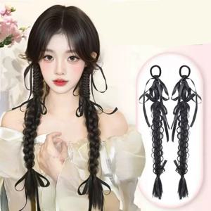 달콤한 리본 합성 더블 포니테일 브레이드 가발 새로운 중국 스타일 소녀 복싱 브레이드 가발
