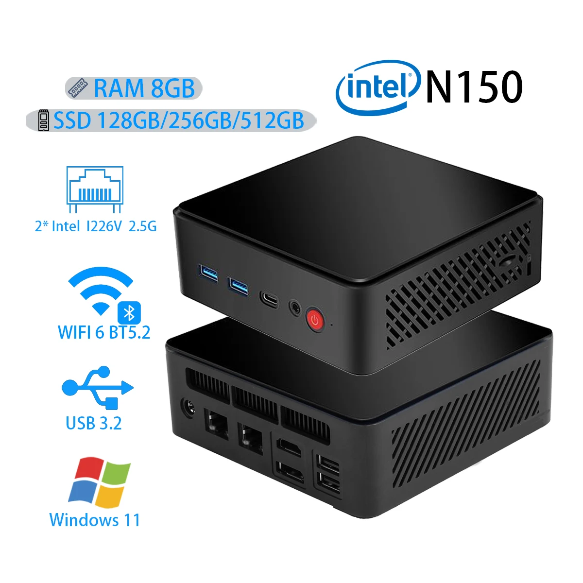 미니 PC 인텔 알더레이크 N150 미니 데스크탑 게이밍 컴퓨터 휴대용 NUC 박스 컴퓨터 4코어 4스레드 2.5G 랜 SSD