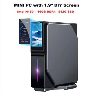 S1 미니 PC 인텔 N150 CPU 16GB DDR4 512GB SSD, 1.9인치 DIY 스크린 4K 듀얼 HDMI 출력 듀얼 LAN, 마그네틱 케이스, 윈도우/리눅스 지원