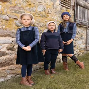 AP 2025 AW 코듀로이 컬렉션 네이비 블루 키즈 여아 남아 점퍼 드레스 스커트 가족 커플룩 캐주얼 체크무늬 옷
