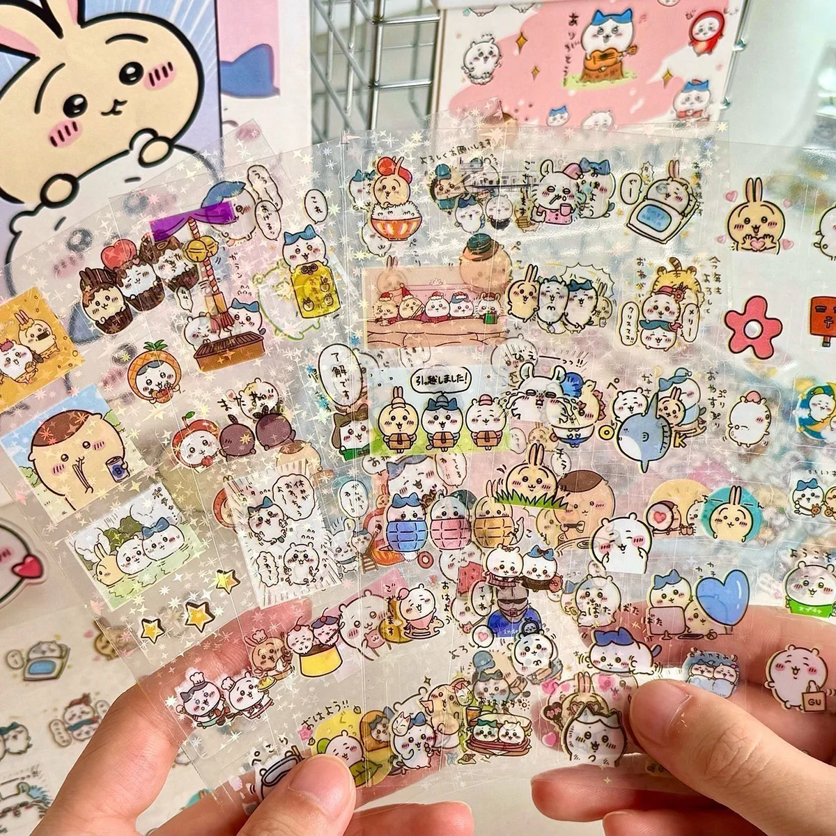 10PCS Chiikawa 애니메이션 레이저 다이 컷 스티커 투명 데칼 Kawaii 방수 Applique 핸드북 DIY 장난감 스티커 장식품 선물