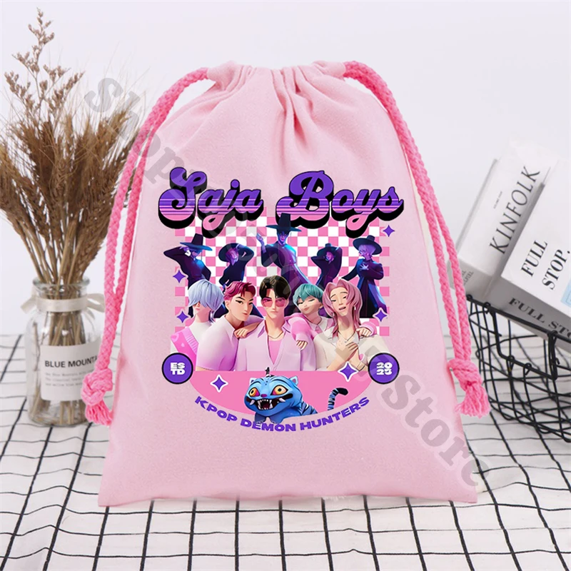 KPop 악마 사냥꾼 어린이 만화 핸드백 애니메이션 인쇄 Drawstring 가방 어린이 패션 귀여운 저장 주머니 드로우 스트링 가방 선물