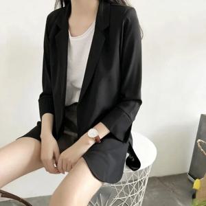 봄 여성 얇은 블레이저 태양 보호 양복 2025 여성 여름 블랙 블레이저 3/4 슬리브 OL 슬림 코트 숙녀상의