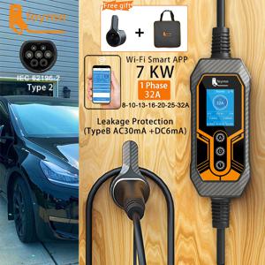 Feyree 휴대용 EV 충전기 Type2 32A 7KW EVSE Wi-Fi APP 제어 가정 및 실외 사용을 위한 조정 가능한 전류 스마트 타이밍 충전