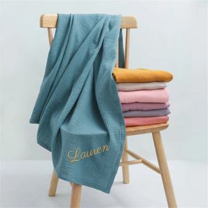 개인화 된 이름 수 놓은 사용자 정의 아기 면화 모슬린 아기 Swaddle 신생아 수신 담요 솔리드 Swaddle Wrap Soft Blanket