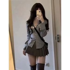 봄 소금 시리즈 패션 대학 스타일 스트라이프 셔츠와 스커트 세트 뜨거운 소녀 순수한 욕망 streetwear 투피스 앙상블