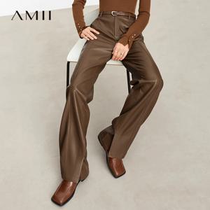 AMII 미니멀리스트 PU 가죽 캐주얼 팬츠 여성용 2025 가을 신상 루즈핏 롱 스트레이트 슬릿 여성 바지 12343250