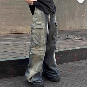 RO 스타일 그라디언트 리본 남성용 멀티 포켓 드로우 스트링 청바지 하라주쿠 streetwear 헐렁한 Y2K 데님 바지 오버 사이즈 카고