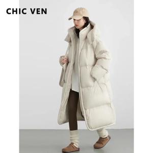 CHIC VEN 여성 롱 다운 코트 후크 루즈핏 신상 솔리드 여성 다운 재킷 두꺼운 부드럽고 따뜻한 여성 오버코트 2025년 가을 겨울