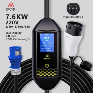 GWUYU EV 휴대용 충전기 디스플레이 화면, 전기 자동차 월박스 충전기, 3.5m 케이블, M62 EV 타입 2, 3.5KW, 7KW, 16A, 32A, 220V