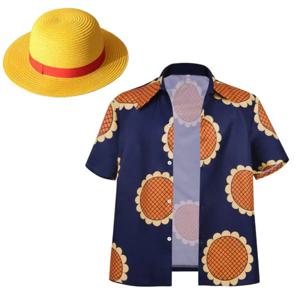 남자 애니메이션 Luffy 코스프레 셔츠 여름 해바라기 프린트 블루 캐주얼 탑 티셔츠 할로윈 파티 원숭이 D Luffy 밀짚 모자 셔츠 정장
