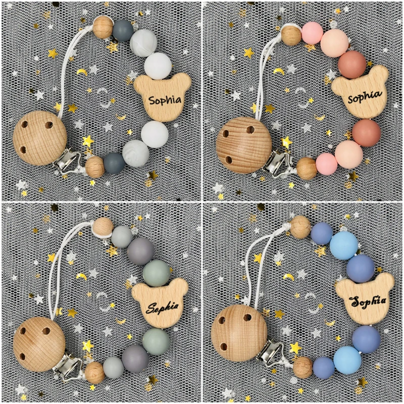 사용자 정의 이름 나무 맞춤형 아기 젖꼭지 체인 클립 실리콘 구슬 더미 젖꼭지 홀더 이름 Teether 펜던트 신생아 선물