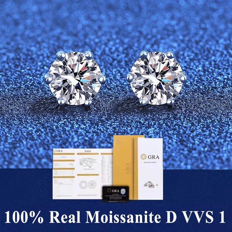 GRA 100% 정품 스털링 실버 2개 인증 모이사나이트 D VVS1 귀걸이 스터드 다이아몬드 테스터 펜 통과 여성용 웨딩 주얼리