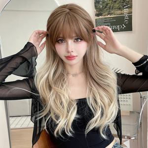 NAMM 롱 바디 웨이브 라이트 브라운 그라데이션 가발 여성용 고밀도 합성 패션 레이어드 가발 (Bangs Costume Wig)
