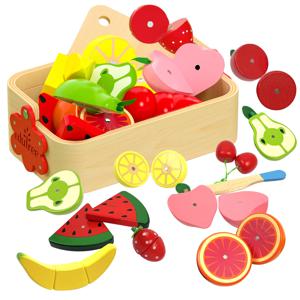 나무 자석 과일 야채 디저트 음식 절단 몬테소리 장난감 시뮬레이션 주방 어린이 교육 놀이 세트, 생일 선물